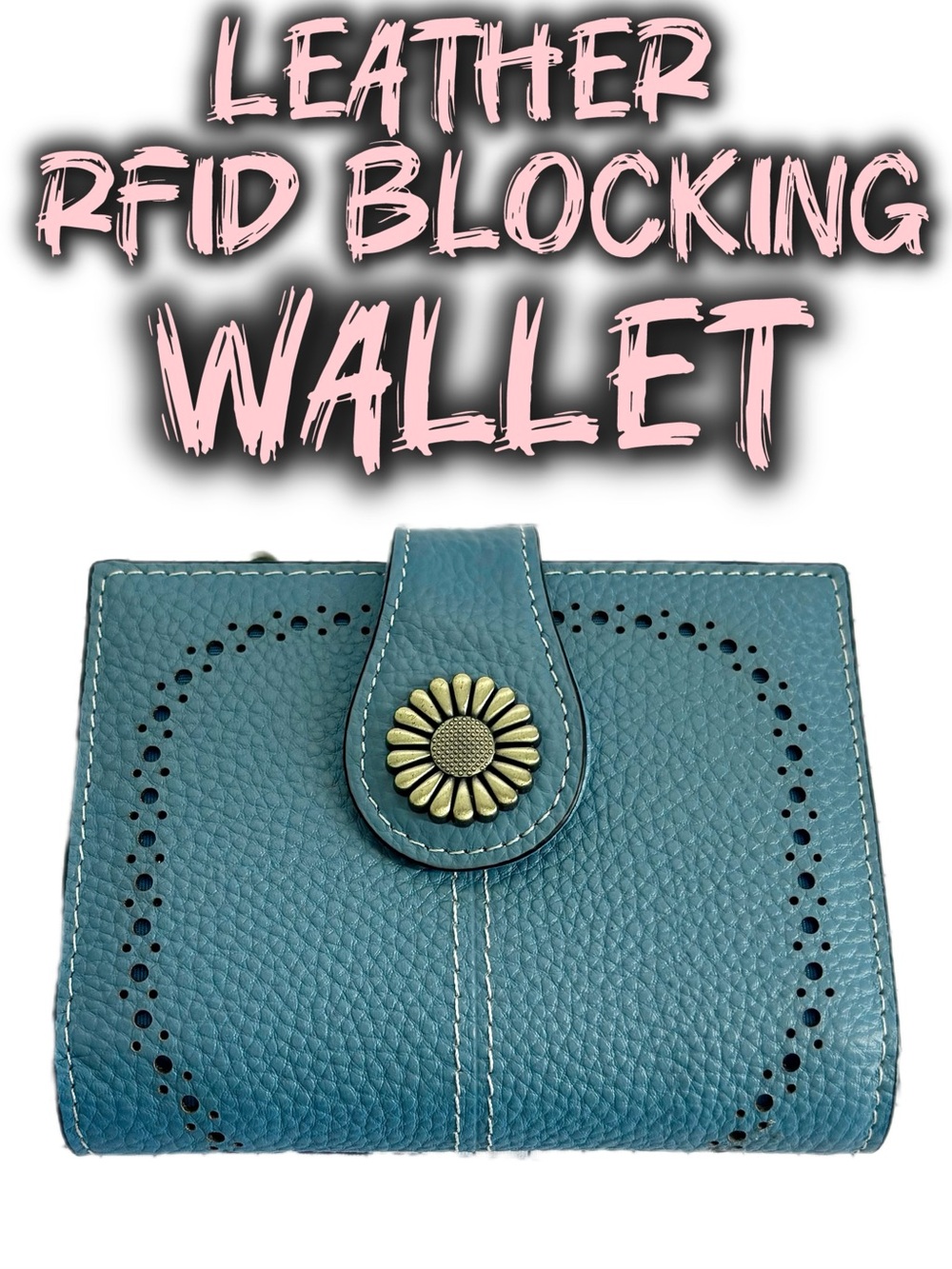 Genuine Leather RFID Blocking Blue Floral Snap Bifold Wallet